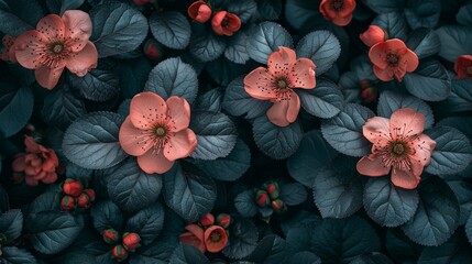  a group of pink flowers sitting on top of a lush green leaf covered plant covered in red and blue leaves.