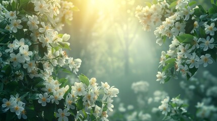  a bunch of white flowers are blooming on a tree branch in the sunbeams of a sunny day.