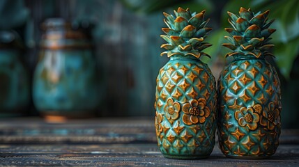  a couple of pineapple shaped vases sitting on top of a wooden table next to a potted plant. - obrazy, fototapety, plakaty