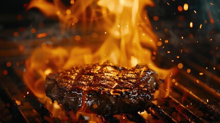 Grilled meat steak on stainless grill depot with flames on dark background. Food and cuisine concept. - obrazy, fototapety, plakaty