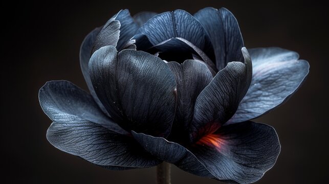  a close up of a black flower with a red spot in the middle of the middle of the center of the flower.