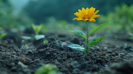  a single yellow flower sitting in the middle of a field of dirt and dirt with a green leaf on top of it.