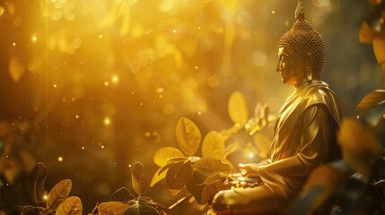 Makha Asanaha Visakha Bucha Day Golden Buddha image Background of Bodhi leaves with shining light Soft image and smooth focus style