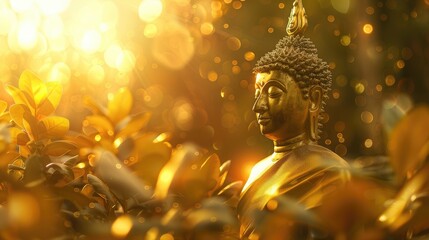 Makha Asanaha Visakha Bucha Day Golden Buddha image Background of Bodhi leaves with shining light Soft image and smooth focus style
