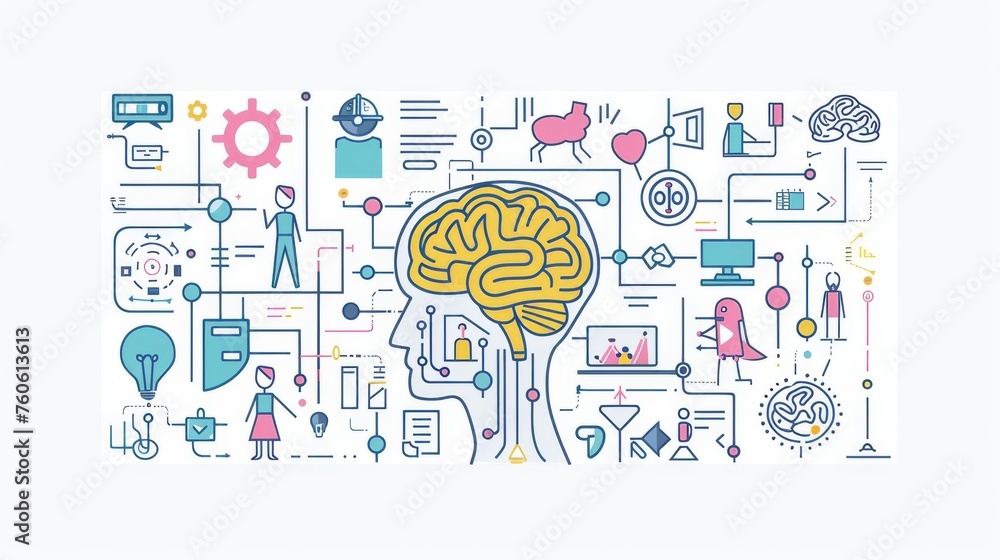 Poster introducing the age of ai. intelligence meets technology. humans and icons represent the concept of 