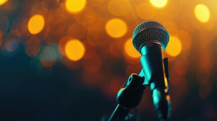 Microphone in concert hall or conference room with defocused bokeh lights in background. Extremely shallow dof.