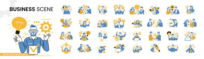 Mega set. Collection of different business concept scenes and situations. Human with icons and images.