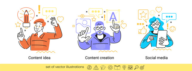 Collection of different business concept scenes. Human with icons and images. Social media. Content creation. Content idea.