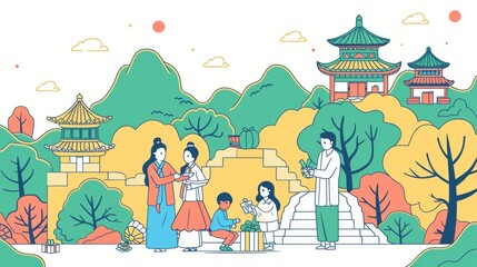 During Chuseok, a big Korean holiday, families greet with gifts in a traditional setting of mountains and trees. Flat design style minimal modern illustration.