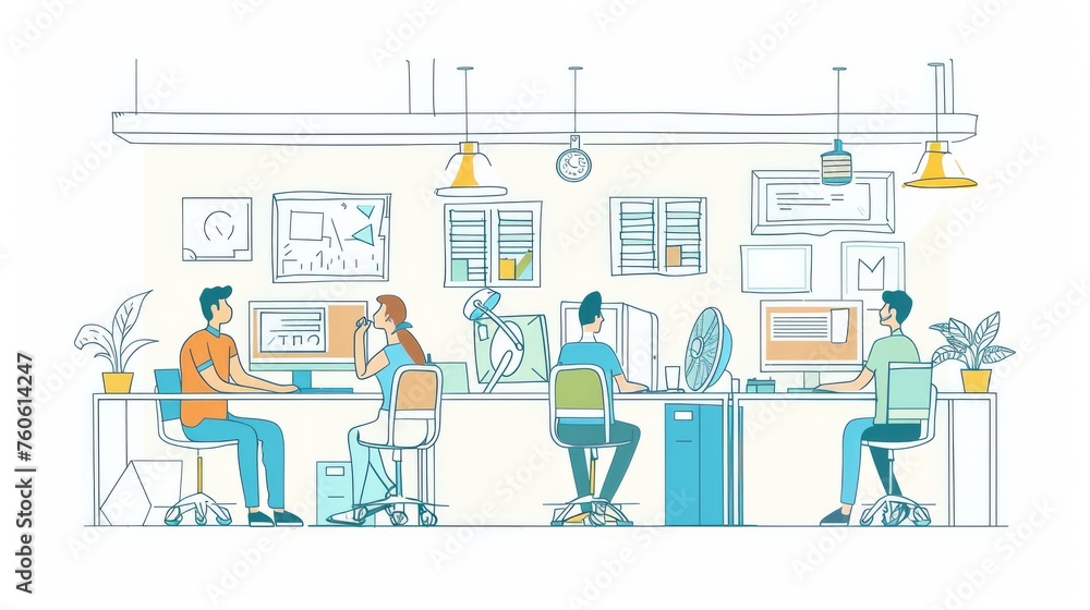 Poster a layout of four working spaces. people working coolly with fans and air conditioners. set up rectan