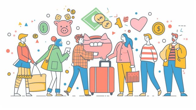 People holding piggy banks or shopping at the market. Hand drawn style modern design illustrations.