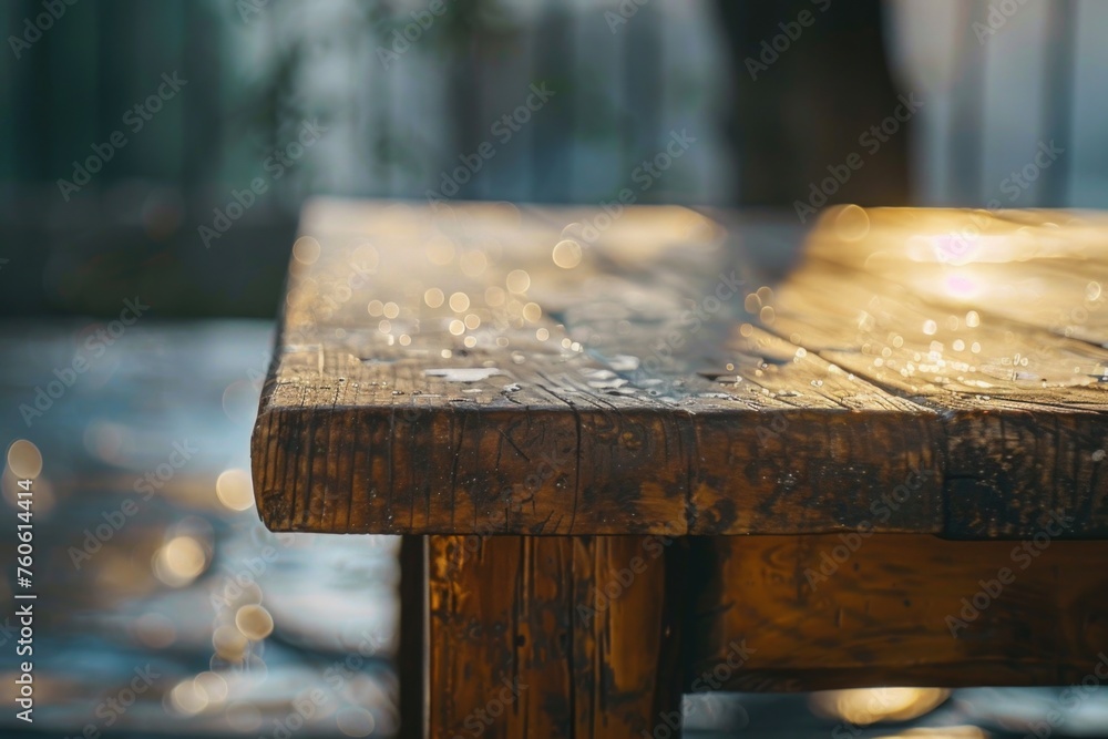 Aufkleber close up of a wooden table with water in the background. suitable for various concepts