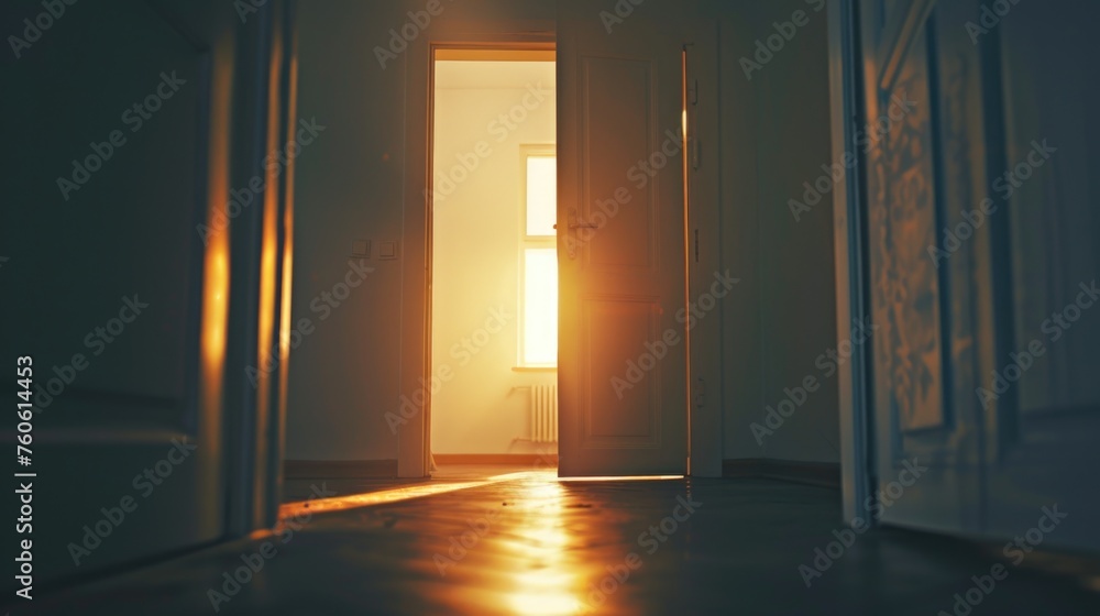 Poster a mysterious open door in a dark room with light shining through. suitable for various concepts and 