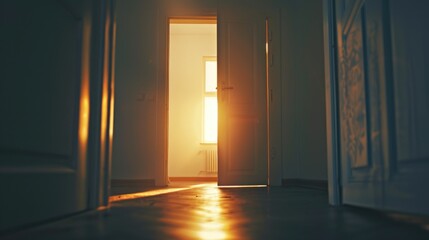 A mysterious open door in a dark room with light shining through. Suitable for various concepts and themes