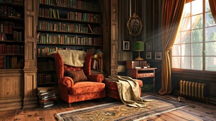 Reading room with old books in bookshelf.