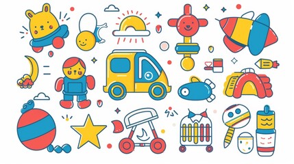 Illustration with children's day logo and toys in flat design style.
