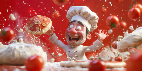 Cartoon chef tossing pizza in the air in 3D illustration for food and cooking concept