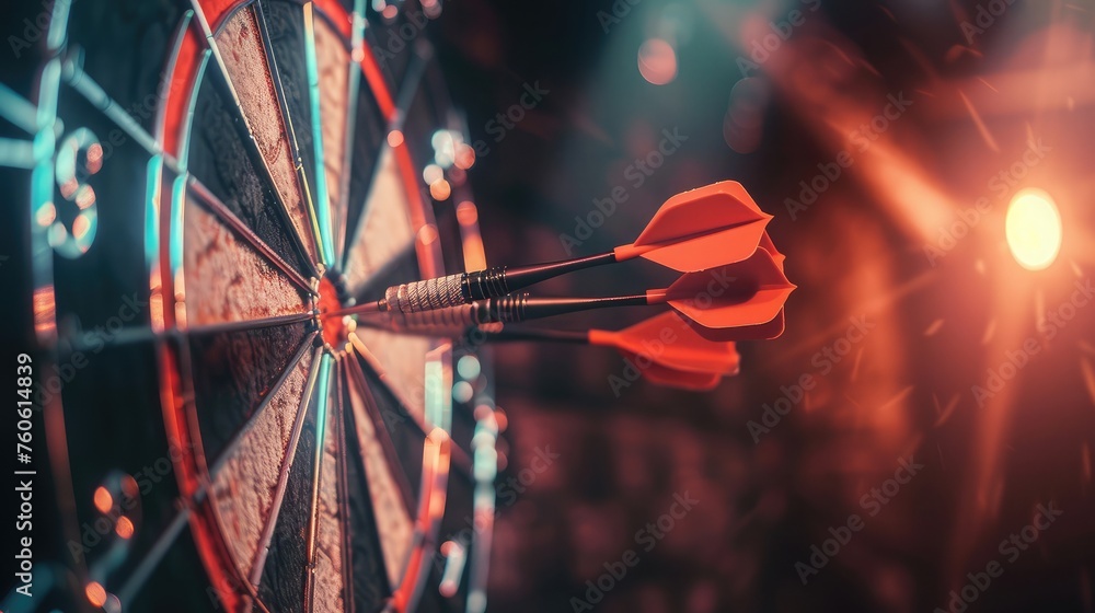 Poster shot of darts in bullseye on dartboard on a dark background