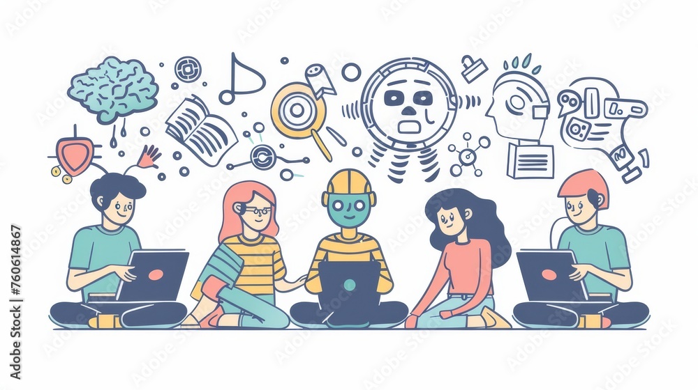 Poster user and scientist exchange information around artificial intelligence characters. modern illustrati