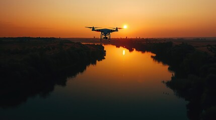 Fototapeta na wymiar Silhouette Drone flying very high top view river landscape at sunset of take photo and video.