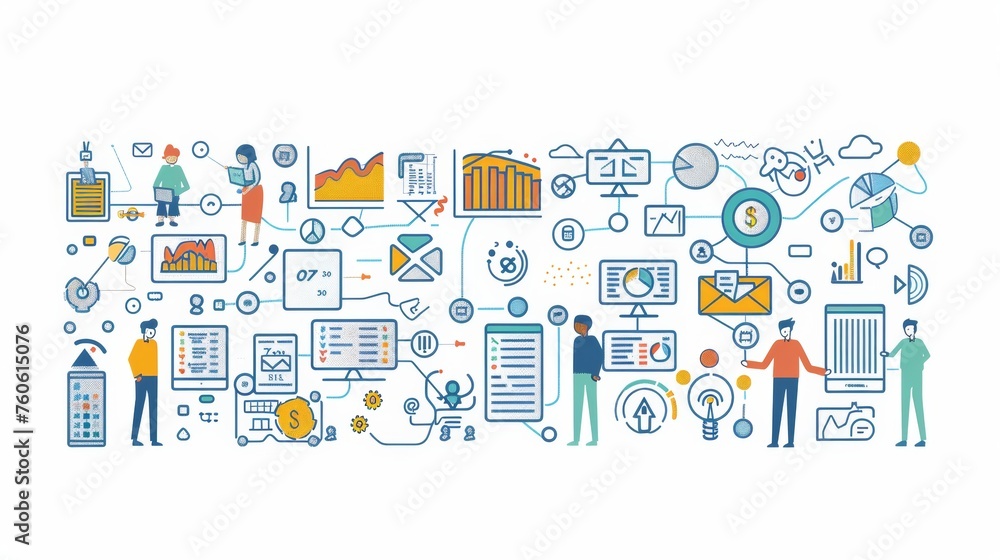 Poster an illustration showing a big data system with working people. digital web icons in a flat design st