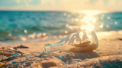 Summer vacation or traveling concept photo of a ship in the bottle lying on the beach with sea blur background and sunlight. Vintage style