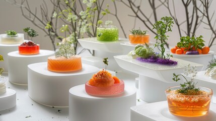 An avant-garde dining setup with dishes that visually represent their nutritional value through color and texture, reimagining healthy eating