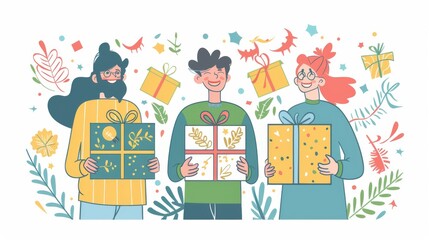 Illustrations of people who love receiving gifts. Hand drawn style modern doodle design illustrations.