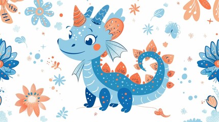 New Year's greetings with Korean traditional patterns, cute blue dragon baby character. Modern outline illustration. 2024 New Year greetings.