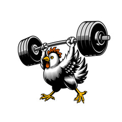 Chicken powerlifter. Vector illustration in engraving technique of sporty chicken lifting huge barbell. 