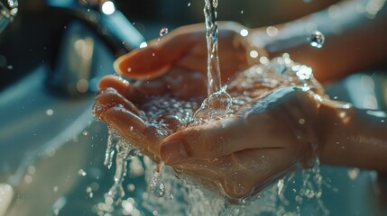 Fototapeta premium Washing of young male hands with clear pure fresh water under running water from bathroom faucet in the morning time. Selective focus. Cleansing , hygiene or protection concept