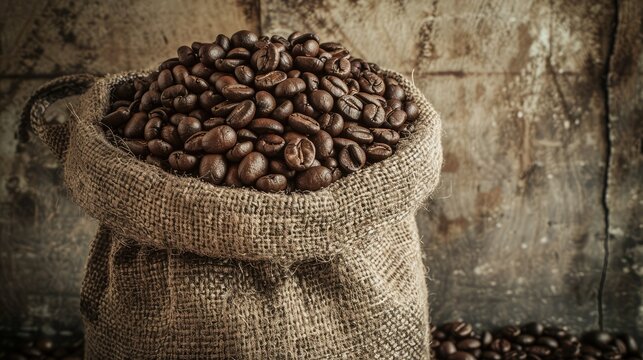 Vintage style photo of coffee beans roasted in sack bag.