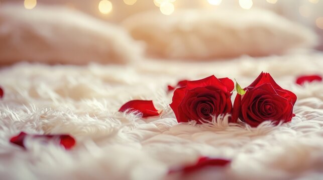 Vintage styled image of a romantic getaway with red roses on fluffy pillows and bed. For love concept or background.