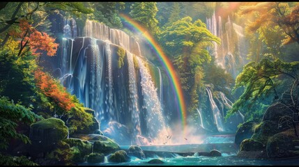 A beautiful waterfall with rainbow in deep forest