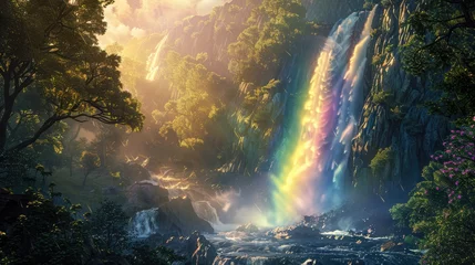 Tuinposter A beautiful waterfall with rainbow in deep forest © buraratn