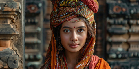 Traditional Indian woman in orange sari and turban posing elegantly in cultural attire