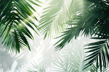 Fototapeta na wymiar Bright sunlight shining through tropical palm tree leaves. Perfect for travel brochures or nature websites