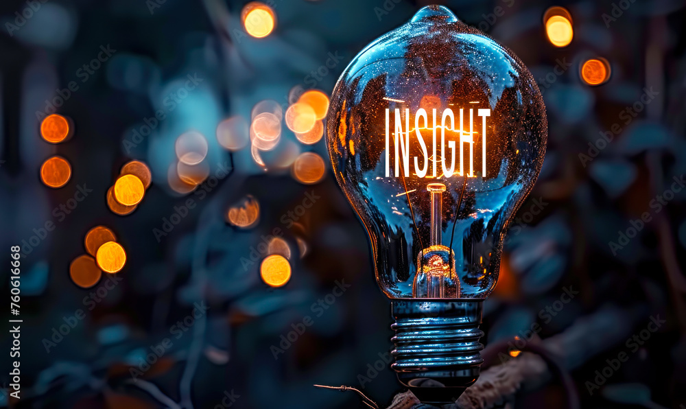 Poster creative concept of a glowing light bulb with the word insight illuminated within, symbolizing idea 
