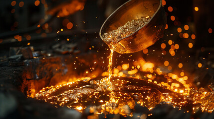 Liquid molten metal cascading into a ladle fiery glow illuminating the industrial foundry essence of metallurgy
