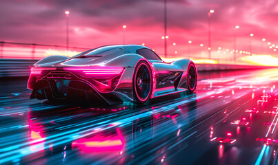 Futuristic supercar with glowing neon lights speeding on a digital highway, concept of modern innovation, speed, technology, and dynamic design