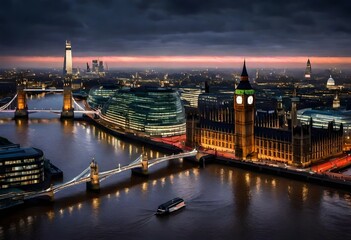 The river Thames winding through the heart of the city, reflecting the shimmering lights of...