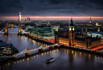 Zelfklevend Fotobehang The river Thames winding through the heart of the city, reflecting the shimmering lights of towering buildings and ancient monuments lining its banks © Muhammad Faizan