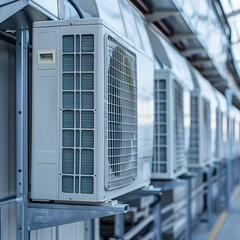 Perspective view of industrial air conditioners in a row emblematic of modern technological climate solutions