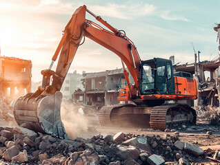 Powerful excavator tearing down remnants preparing a clean slate for rebuilding a dream home amidst debris
