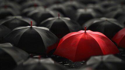 Standout scene with one red umbrella among many black symbolizing leadership and uniqueness in a crowd