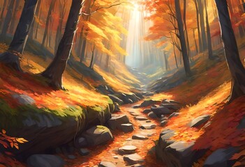 Sunlight filtering through a dense forest canopy, illuminating a winding mountain trail flanked by vibrant autumn foliage and trickling streams.