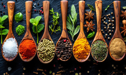 Assorted spices and herbs on vintage spoons over dark background, showcasing culinary diversity and flavor ingredients in gastronomy