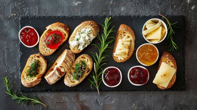 High angle of plate with various delicious bruscettas placed on wooden table.