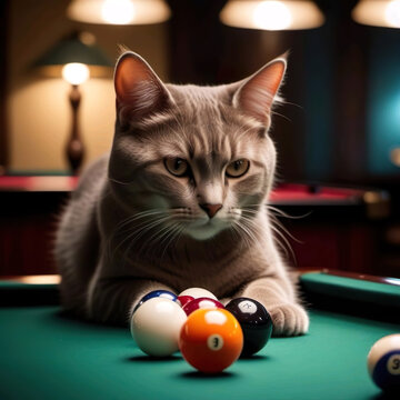 Retrato de un gato sobre una mesa de billar junto a unas bolas de billar