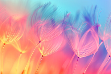Colorful pastel background, Vivid color abstract dandelion flower, extreme closeup with soft focus, beautiful nature details, very shallow depth of field, Generative AI.